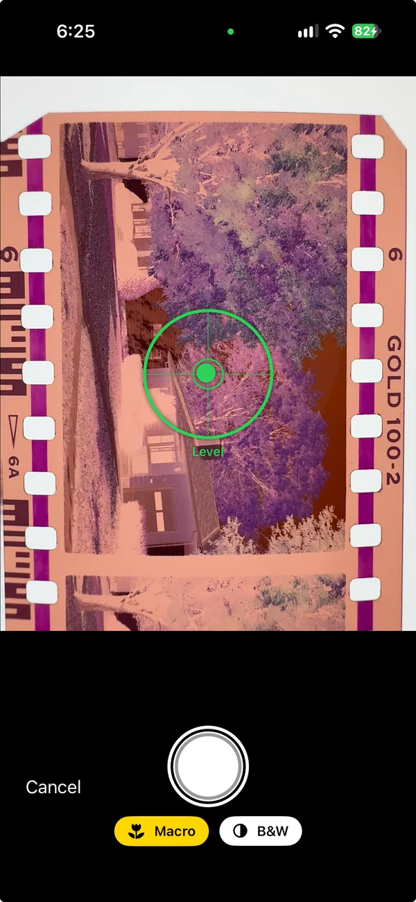 FilmReverseIt’s camera with the level and a film negative in view.