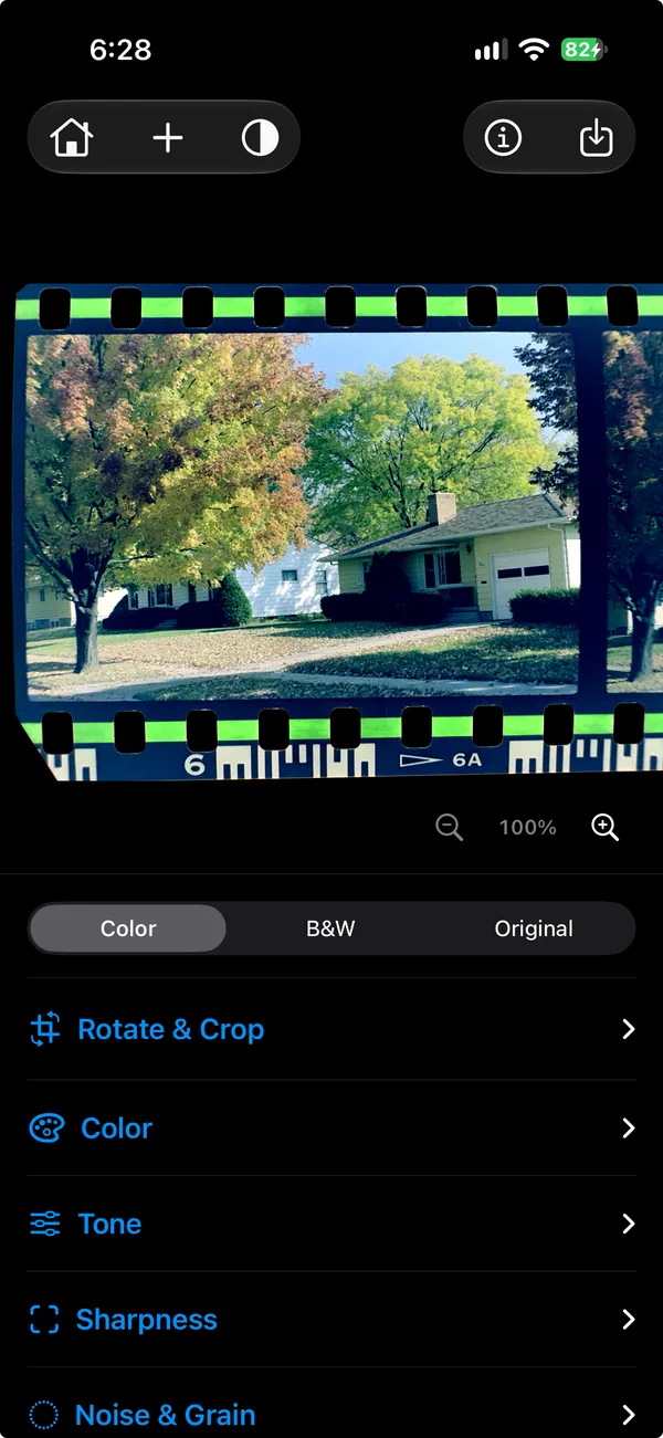 A scanned negative inverted to a color photo in the FilmReverseIt editor.